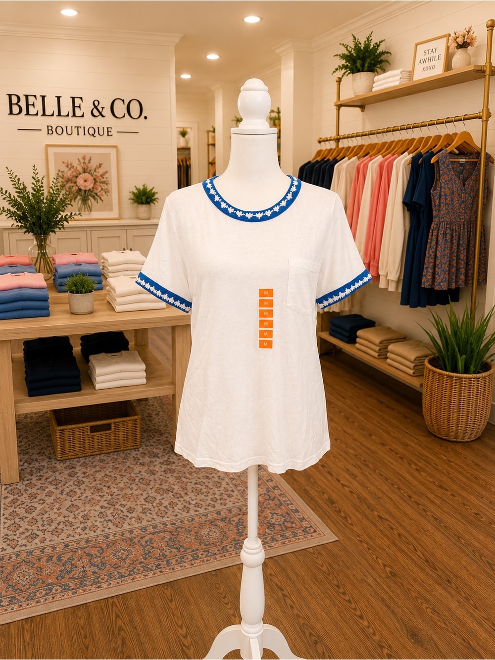 Joseph A White & Blue Crochet Trim Linen Blend Tee NWT Medium